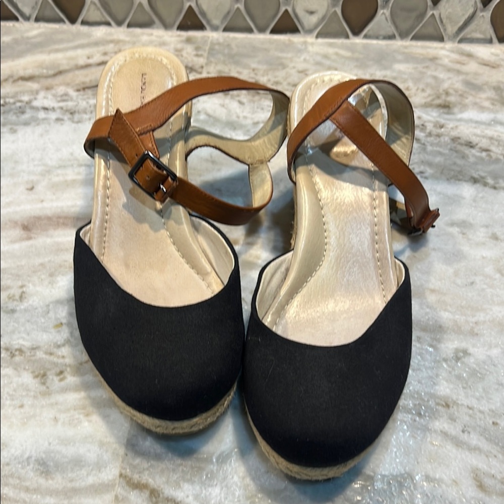 Lands' End Black and Tan Wedge Shoes with Adjustable Straps